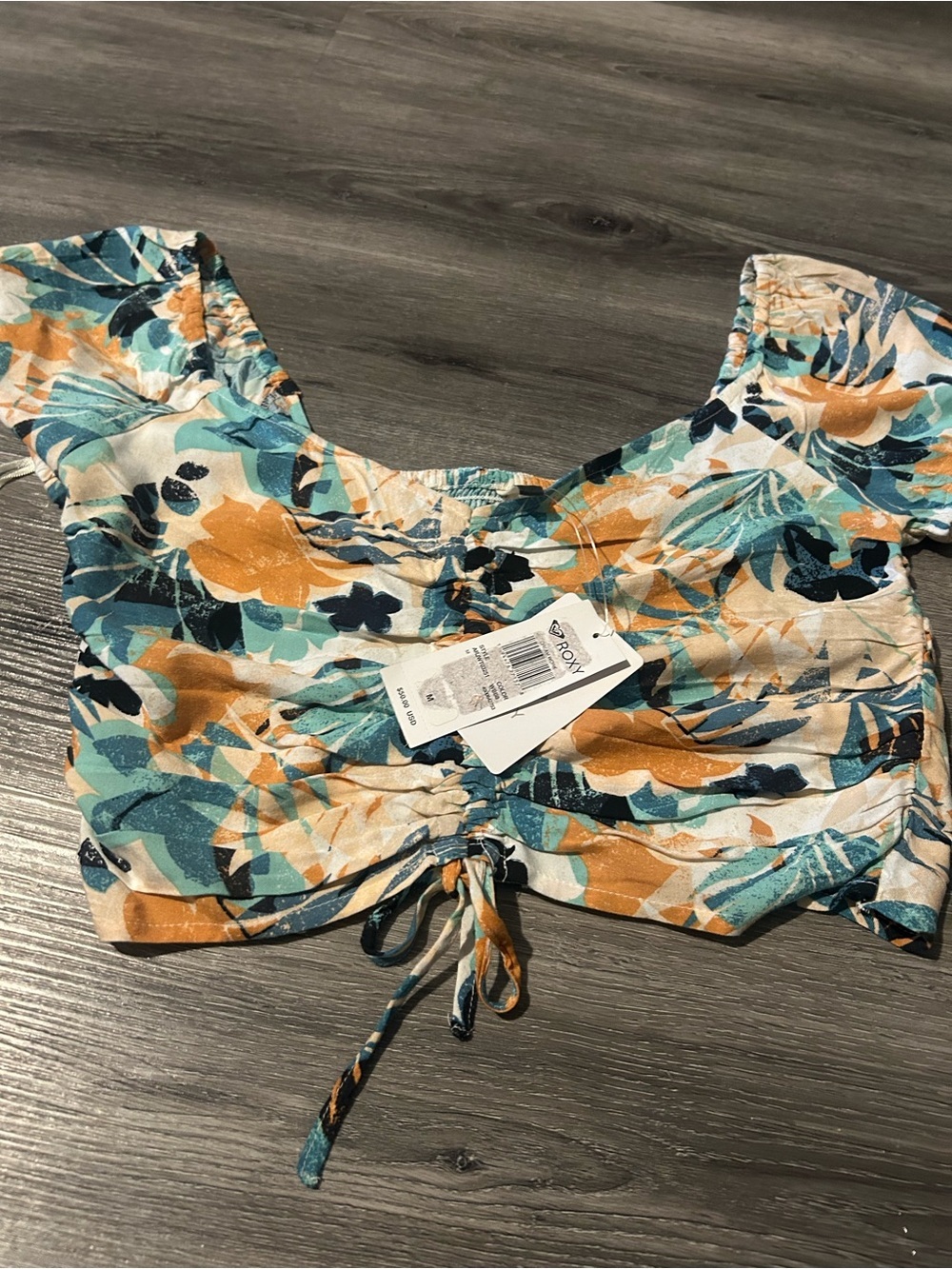 Roxy Teal, Mustard & Navy Floral Ruched Crop Top